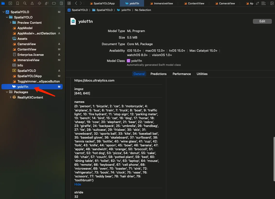 Xcode showing the project's yolo11n Core ML model package, generated model class and input information