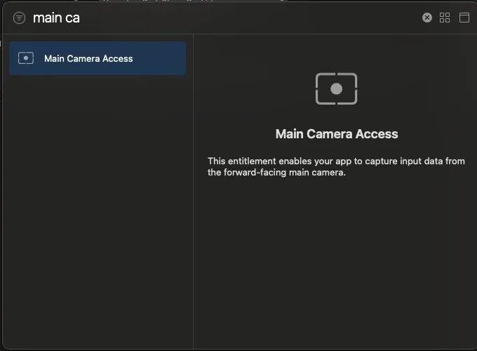 Xcode capability picker with Main Camera Access selected